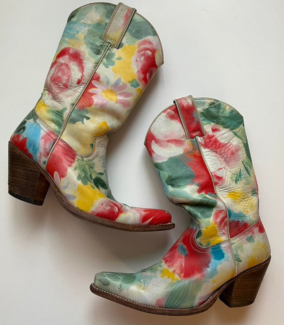 1970s Unique Watercolor Floral Cowgirl Boots