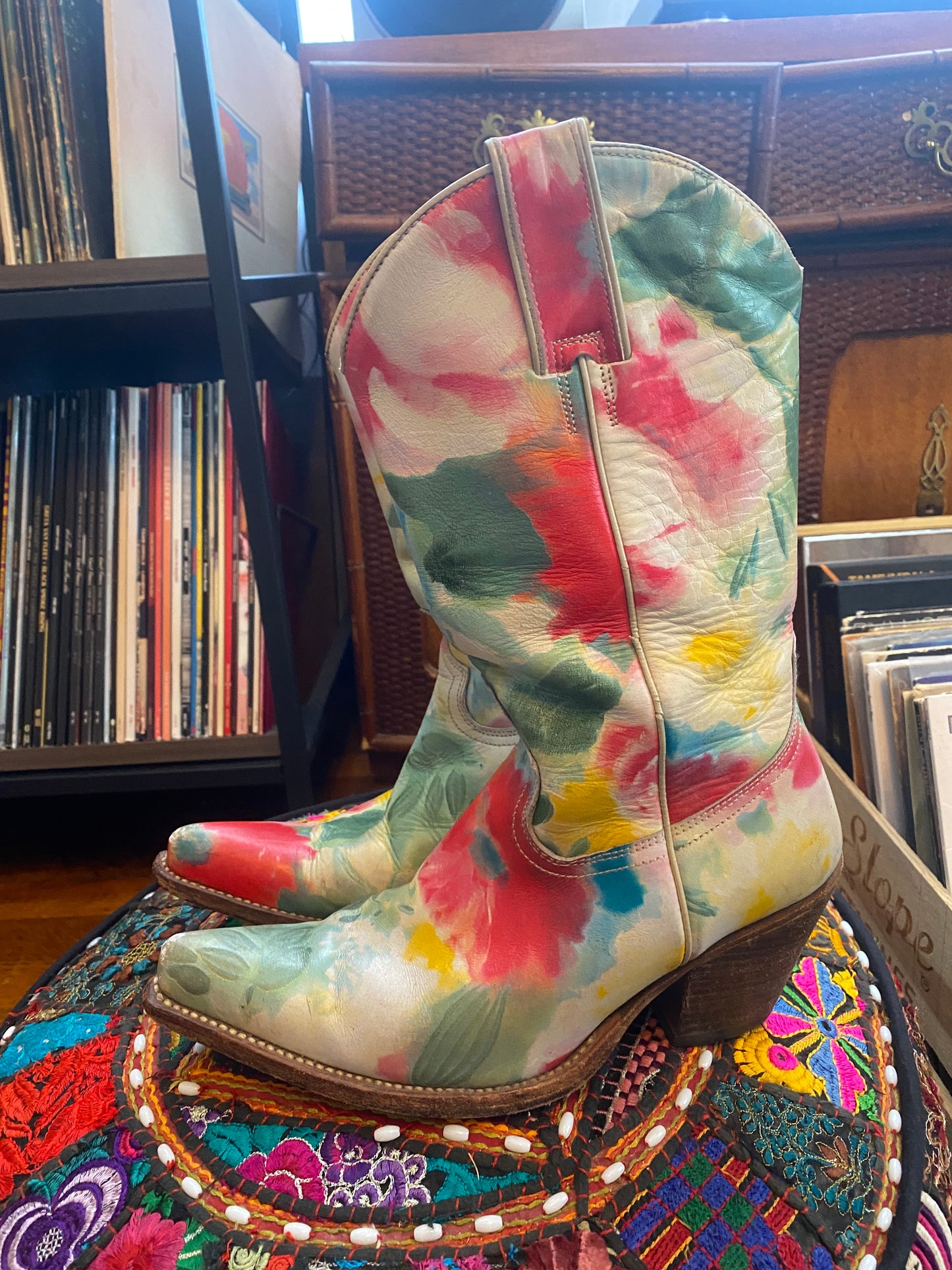 1970s Unique Watercolor Floral Cowgirl Boots