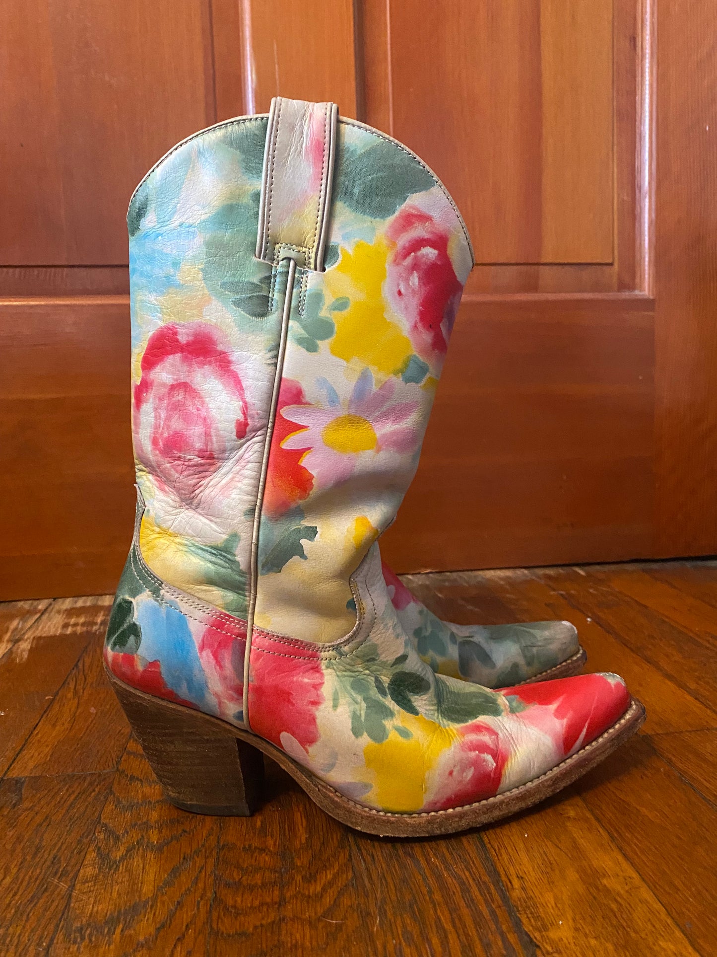 1970s Unique Watercolor Floral Cowgirl Boots