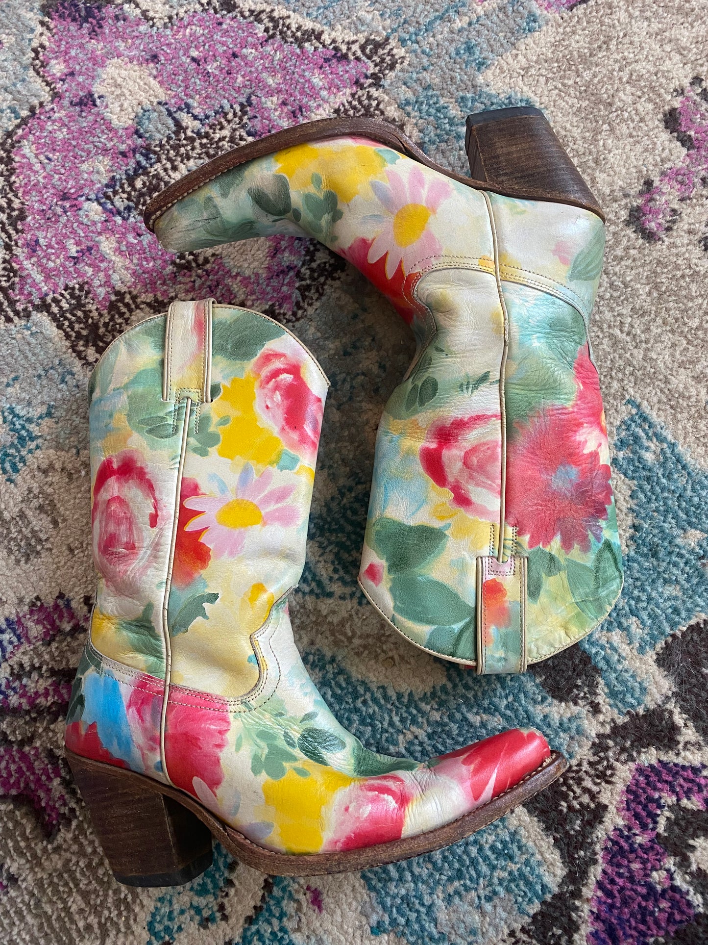 1970s Unique Watercolor Floral Cowgirl Boots